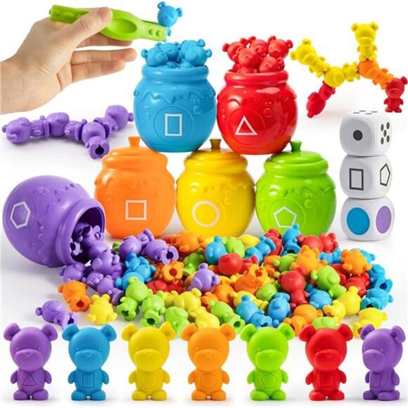 83Pcs Counting Sorting Bears Toy Set with 72 Bears in 6 Colors, 1 Tweezers